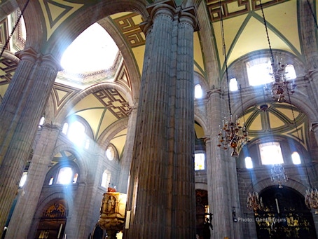 Cathedral interior Mexico City, architecture, XVII Century, colums, stained glass, light